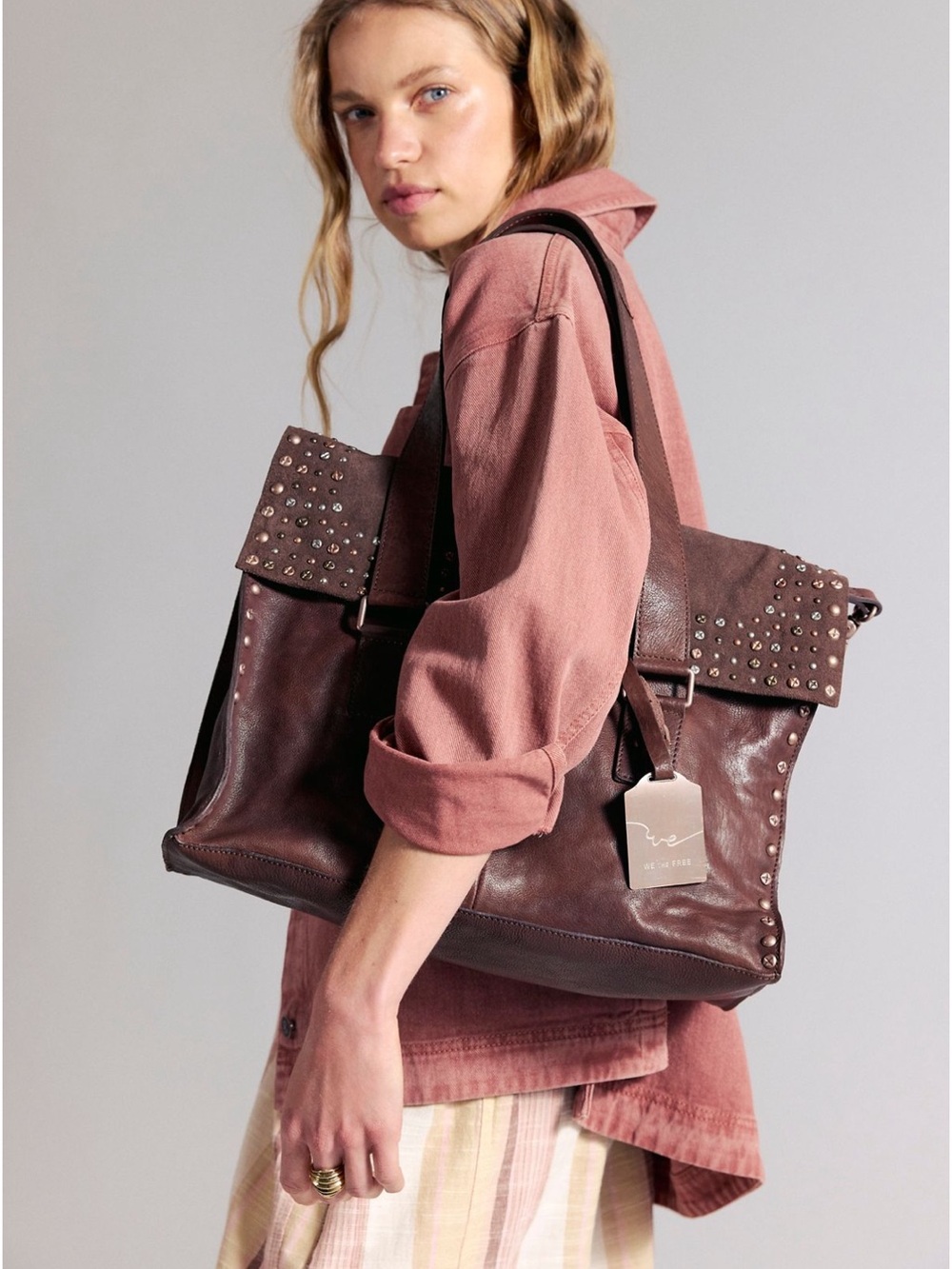We The Free Espresso  Studded Leather Tote - Picture 3 of 11